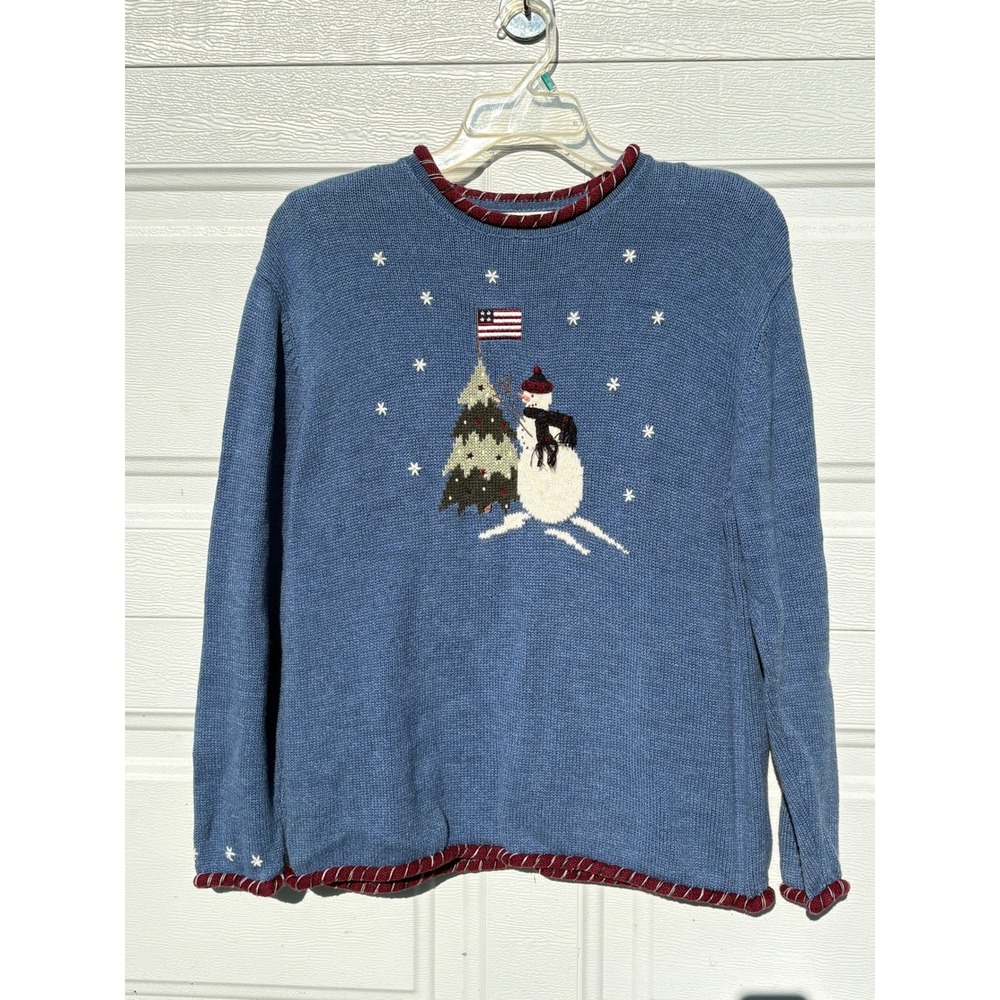 Vtg. Christopher Banks Snowman American Flag Embroidered Sweater Blue XL